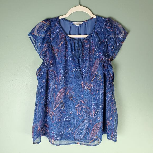 Lucky Brand Women's Blue Paisley Floral Flutter Sleeve Boho Blouse Size Large - Picture 1 of 7